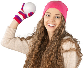 Portrait of beautiful young woman with   make-up in winter clothes with snowball