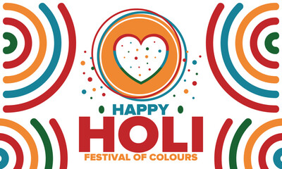 Happy Holi. Festival of Colours. Phagwah. Annual Hindu Spring Festival. Celebrated in India and Nepal and other Asia. Beautiful poster design with heart. Vector illustration