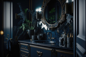 Modern Bathroom Interior Design in Dark Blue Colors. Illustration AI Generative