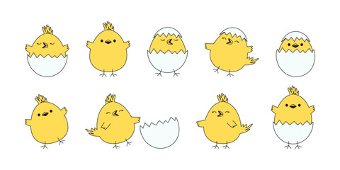 Chick and egg, Easter chicken vector icon, cartoon baby bird with shell, yellow little animal character set. Cute illustration isolated on white background © Sylfida