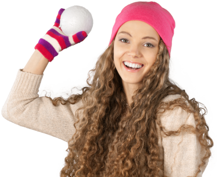 Portrait of beautiful young woman with   make-up in winter clothes with snowball