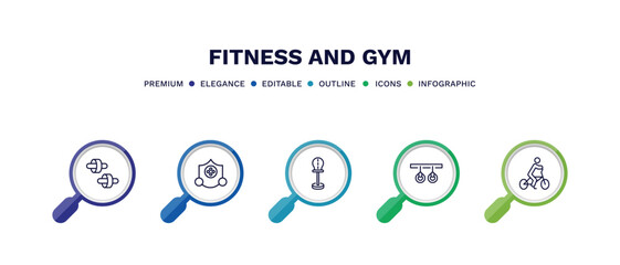 set of fitness and gym thin line icons. fitness and gym outline icons with infographic template. linear icons such as fitness wheel, elevation mask, standing punching ball, gymnastic rings, riding