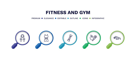 set of fitness and gym thin line icons. fitness and gym outline icons with infographic template. linear icons such as grip, female sportwear, arms extender, carrot and, simulator for press vector.