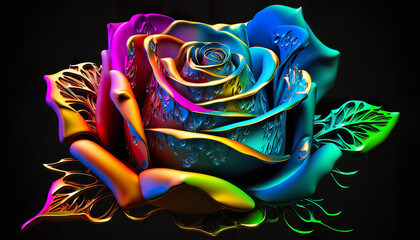 Realistic Beautiful Colorful Rose Flower on black background. Rose with different color petals. 3D Realistic Illustration. Based on Generative AI