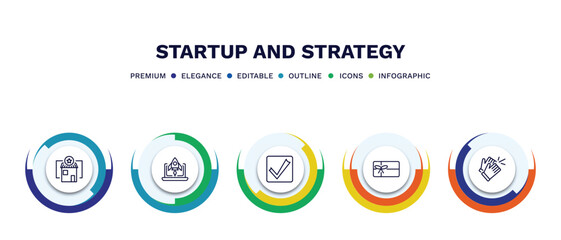 set of startup and strategy thin line icons. startup and strategy outline icons with infographic template. linear icons such as franchise, startup laptop, validate, gift voucher, clap vector.