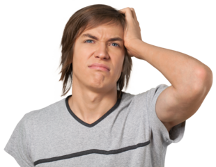 Head shot of a college aged caucasian male looking deep in thought