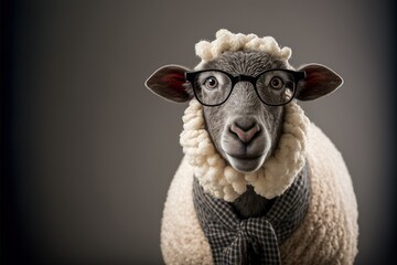 Portrait of a cute intelligent sheep wearing glasses and scarf