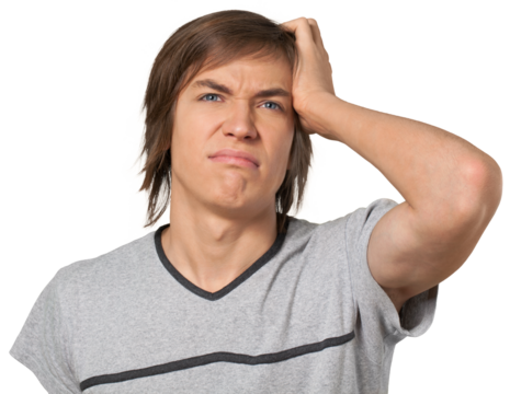 Head shot of a college aged caucasian male looking deep in thought