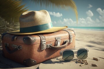 Luggage bag, sunglasses and beach hat on the beach sand. Vacation and travel.
