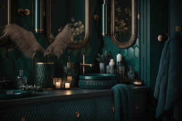 Modern Bathroom Interior Design in Dark Green Colors. Illustration AI Generative