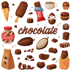 Obraz na płótnie Canvas Chocolate products set. Chocolate desserts, sweets, drinks and pastry food ingredients cartoon vector illustration