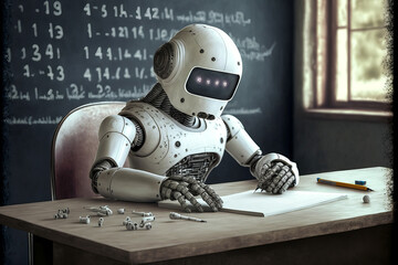 Intelligent student robot sitting at an exam table to take an important exam. Robots replace humans in exams and competitions. Generative AI