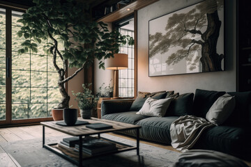 Modern Interior Design. Living Room. Illustration AI Generative