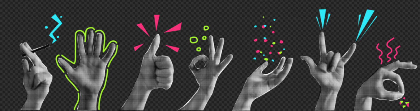 Collage element with hands and cutout shape and doodle element. Vintage vector set. Retro halftone effect.