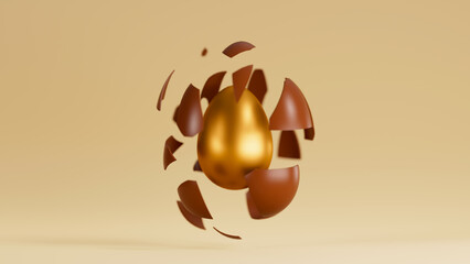 Chocolate egg shell peel and fly away revealing golden easter egg inside. Easter concept background. 3d render illustration