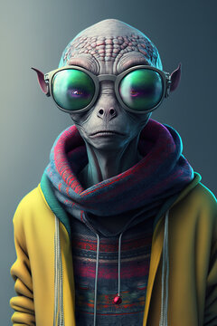 Alien humanoid wearing trendy jacket and sunglasses, illustration, generative AI