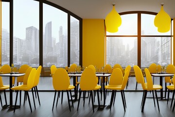 City view seen through window with yellow chairs in modern interior of a cafe restaurant - generative ai