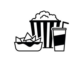 Popcorn, nachos and soda with straw. Cinema icon in flat design. vector illustration