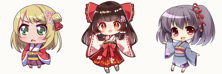 Japanese miko cute illustration set, three girls in miko costumes isolated on white, manga style