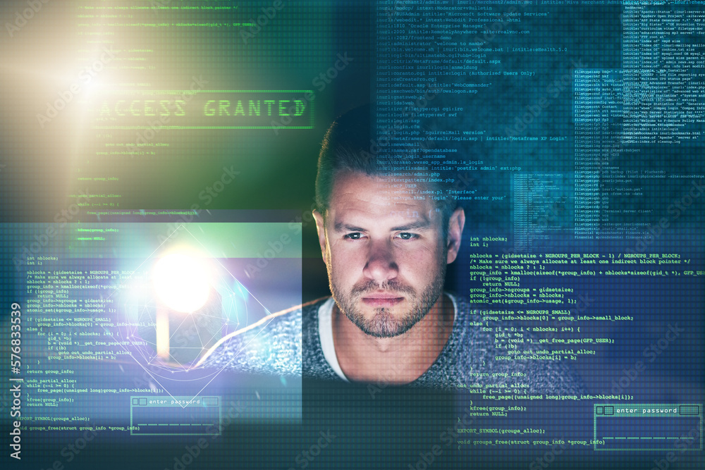 Poster No glitches get past him. Shot of a focussed computer programmer working at his computer late at night.