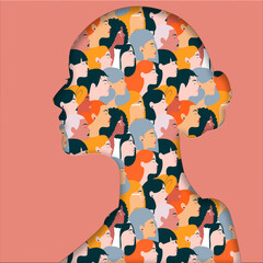 Ilustración vectorial del dia internacional de la mujer con efecto papel cortado sobre un patrón de repetición con figuras de mujer. 