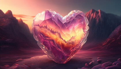 A massive, glittering heart-shaped crystal growing out of the side of a mountain. #5