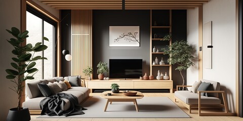 Fototapeta The interior of a living room designed with a Japandi style emphasizes simplicity, natural elements, and minimalism, Generative AI obraz