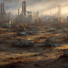 Charred, radioactive post-apocalyptic wasteland in nuclear summer - detailed digital painting sci-fi video game environment concept art