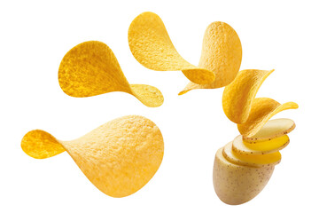 Flying delicious potato chips cut out - obrazy, fototapety, plakaty