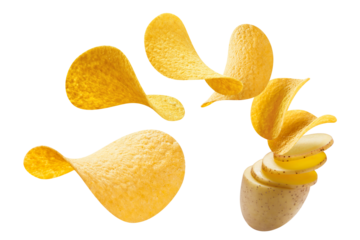 Flying delicious potato chips cut out