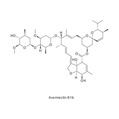 Abamectin B1b flat skeletal molecular structure Avermectin anti parasitic drug used in Parasitic infection treatment. Vector illustration.