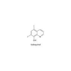 Iodoquinol flat skeletal molecular structure Antiprotozoal drug used in amoebiasis treatment. Vector illustration.