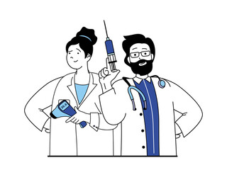 Medical concept with character situation. Doctor holds syringe and makes vaccinations to patients, nurse holds thermometer and assists. Illustrations with people scene in flat design for web