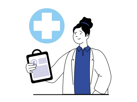 Medical concept with character situation. Doctor holds patient card, diagnoses and consults, prescribes treatment and works in clinic. Illustrations with people scene in flat design for web