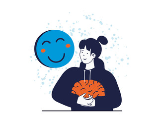 Mental health concept with character situation. Happy woman hugs brain, is in balance and harmony, takes care of herself and her emotions. Illustrations with people scene in flat design for web