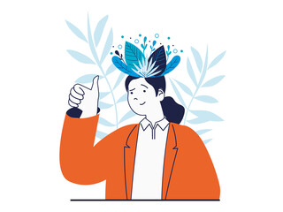 Mental health concept with character situation. Happy woman with plants on head thinks positively, takes care of her feelings and emotions. Illustrations with people scene in flat design for web