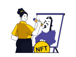NFT token concept with character situation. Woman creates digital masterpieces of digital art for sale on virtual sites and online gallery. Illustrations with people scene in flat design for web