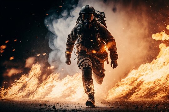 Firefighter running from epic fire. Ai generative