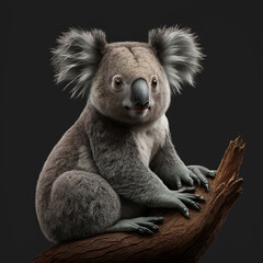 Obraz premium Australian koala in its natural habitat, brown trees and greenery surrounding the koala.