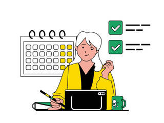 Productivity workplace concept with character situation. Woman plans tasks on calendar and successfully completes tasks before deadline. Illustrations with people scene in flat design for web