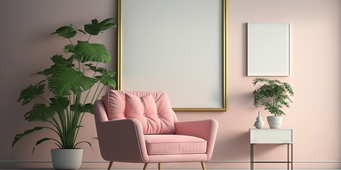 A horizontal frame in a Japandi-style interior with a pink armchair is featured in this mockup, Generative AI - obrazy, fototapety, plakaty