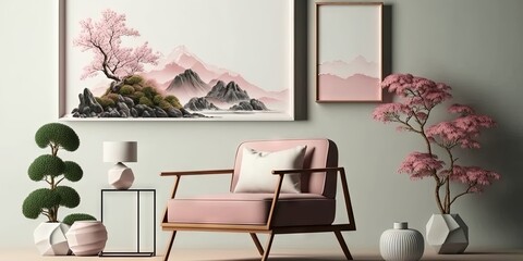 A horizontal frame mockup in a Japanese-Scandinavian style interior with a pink armchair, Generative AI - obrazy, fototapety, plakaty