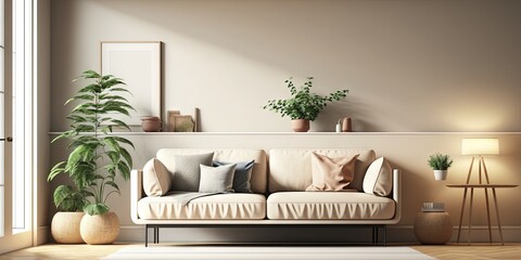 A light beige living room interior mockup is presented, Generative AI