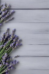 white grey old white wooden shelves background with empty copy space and lavender flowers and blue napkin towel decoration - generative ai