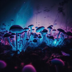 Bioluminescent Mushrooms glowing at night in the forest. Generative AI.