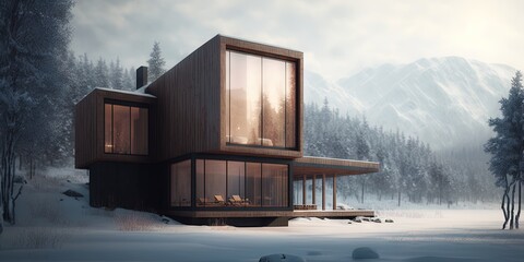 This luxury minimalist home features large windows and wooden accents for a cozy winter atmosphere, Generative AI