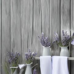 white grey old white wooden shelves background with empty copy space and lavender flowers and blue napkin towel decoration - generative ai