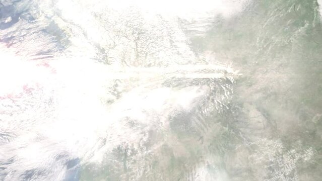 Earth zoom in from outer space to city. Zooming on Lewiston, Idaho, USA. The animation continues by zoom out through clouds and atmosphere into space. Images from NASA