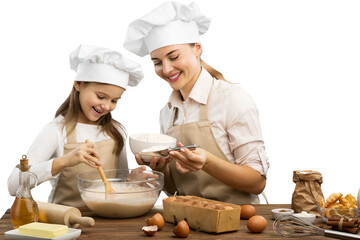The beautiful young mother and her little daughter cooking