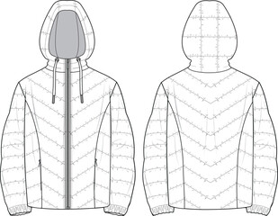 Unisex Quilted Hooded Zip-up Puffer Jacket. Technical fashion illustration. Front and back, white color. Unisex CAD mock-up. © DERYA
